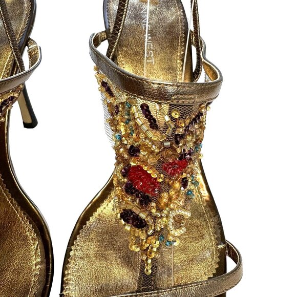 Nine West Bronze Women's Leather Mesh Beaded Sequin T-Strap Heels 9.5 4-inch hee - Picture 7 of 9